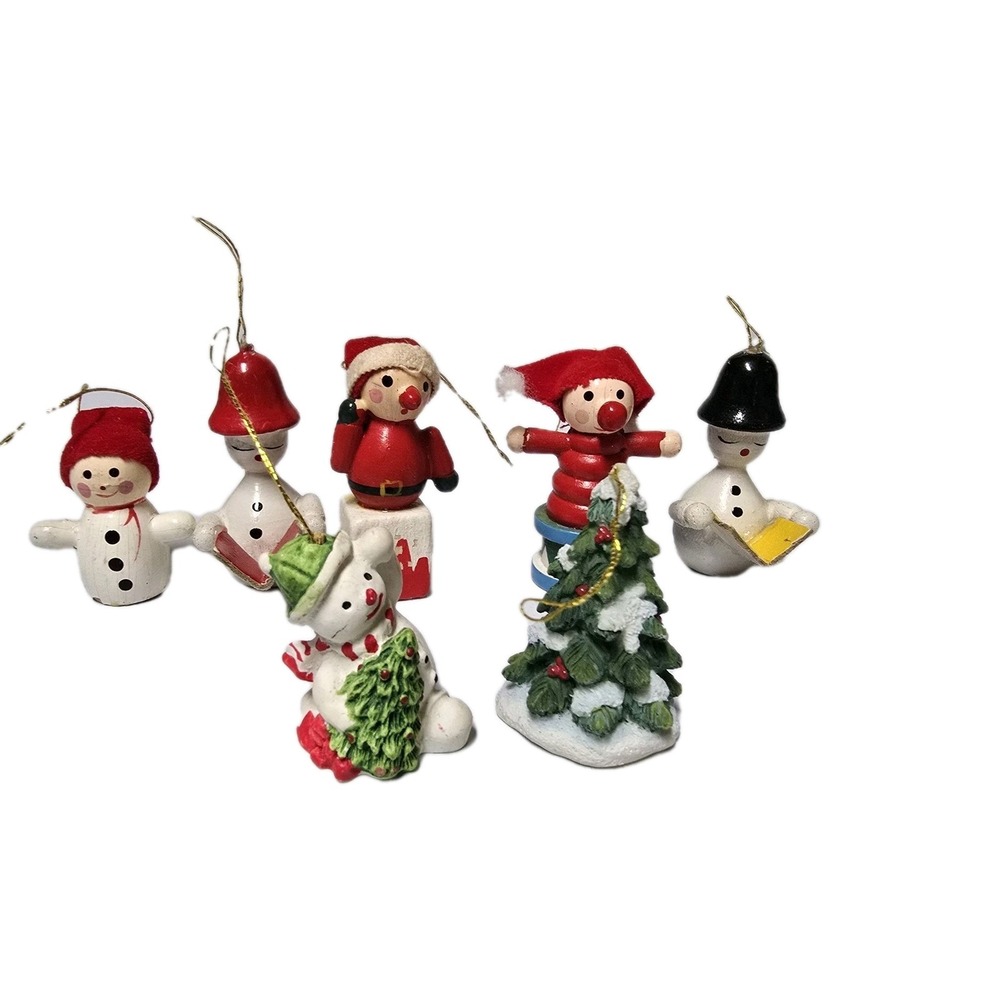 Set of 7 Vintage Wooden Painted Christmas Ornaments 5 & 2 VTG Ceramic Ornaments